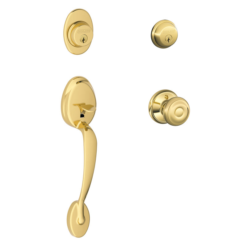 Plymouth Handleset with Double Cylinder Deadbolt and Door and Rosette, Bright Brass