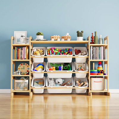 Grand organisateur de rangement pour jouets avec 9 tablettes et 9 bacs