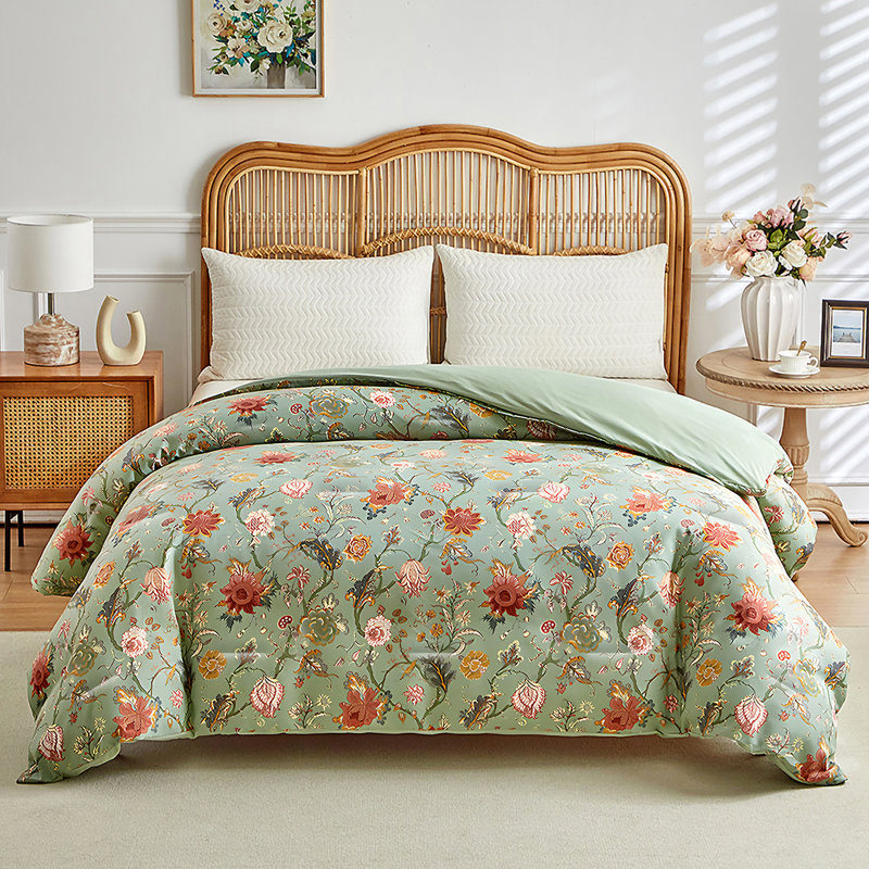 Ensemble d'édredon en duvet synthétique Bohème, Édredon grand et 2 taies décoratives, Blanc/vert