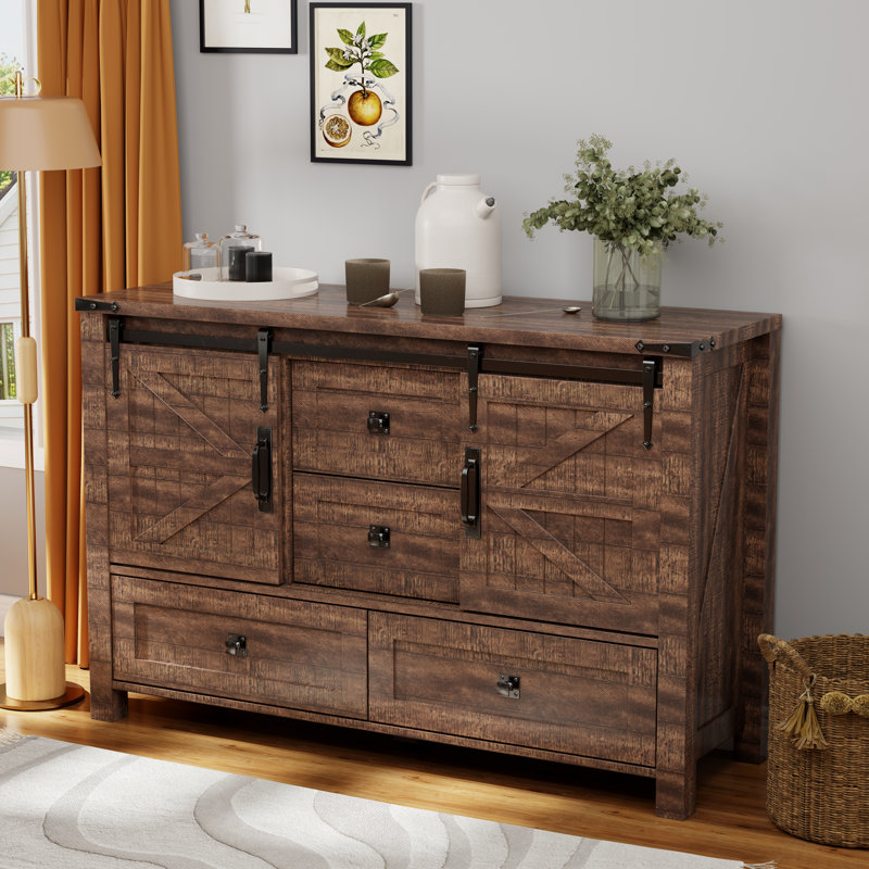 48'' Farmhouse Dresser Chests with 4 Drawers and 2 Cabinets, Brown