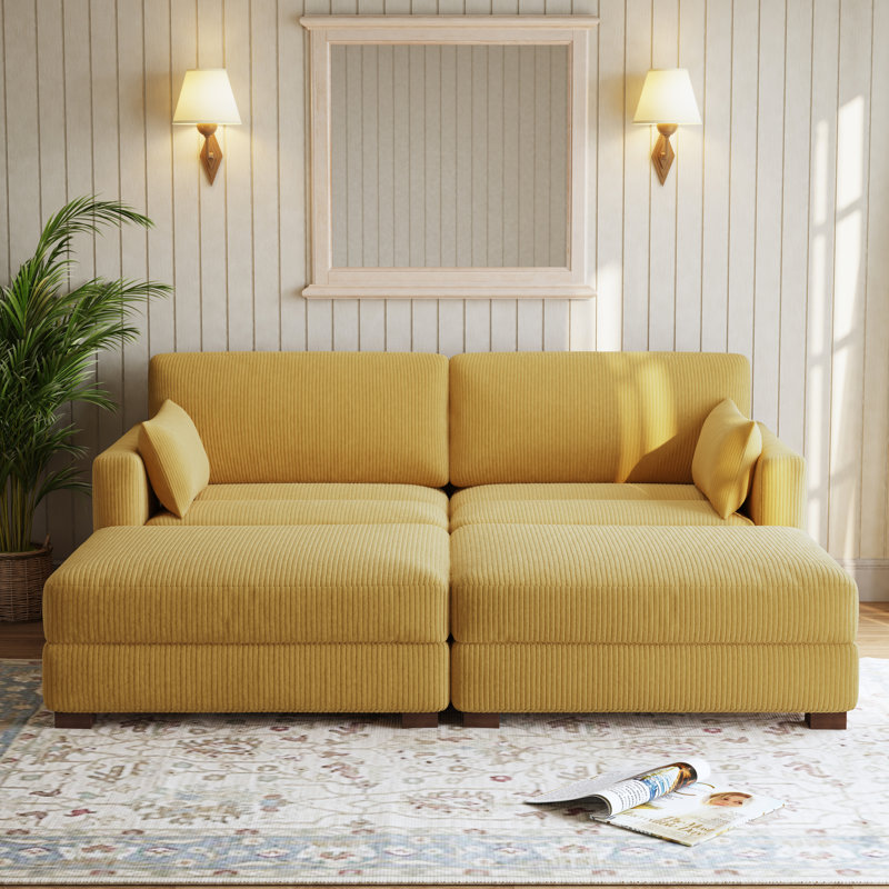 Bentura Oversized Upholstered Orange Corduroy Modular Sleeper Sofa Bed Lounge Modular Sofa with Armrests & Throw Pillows