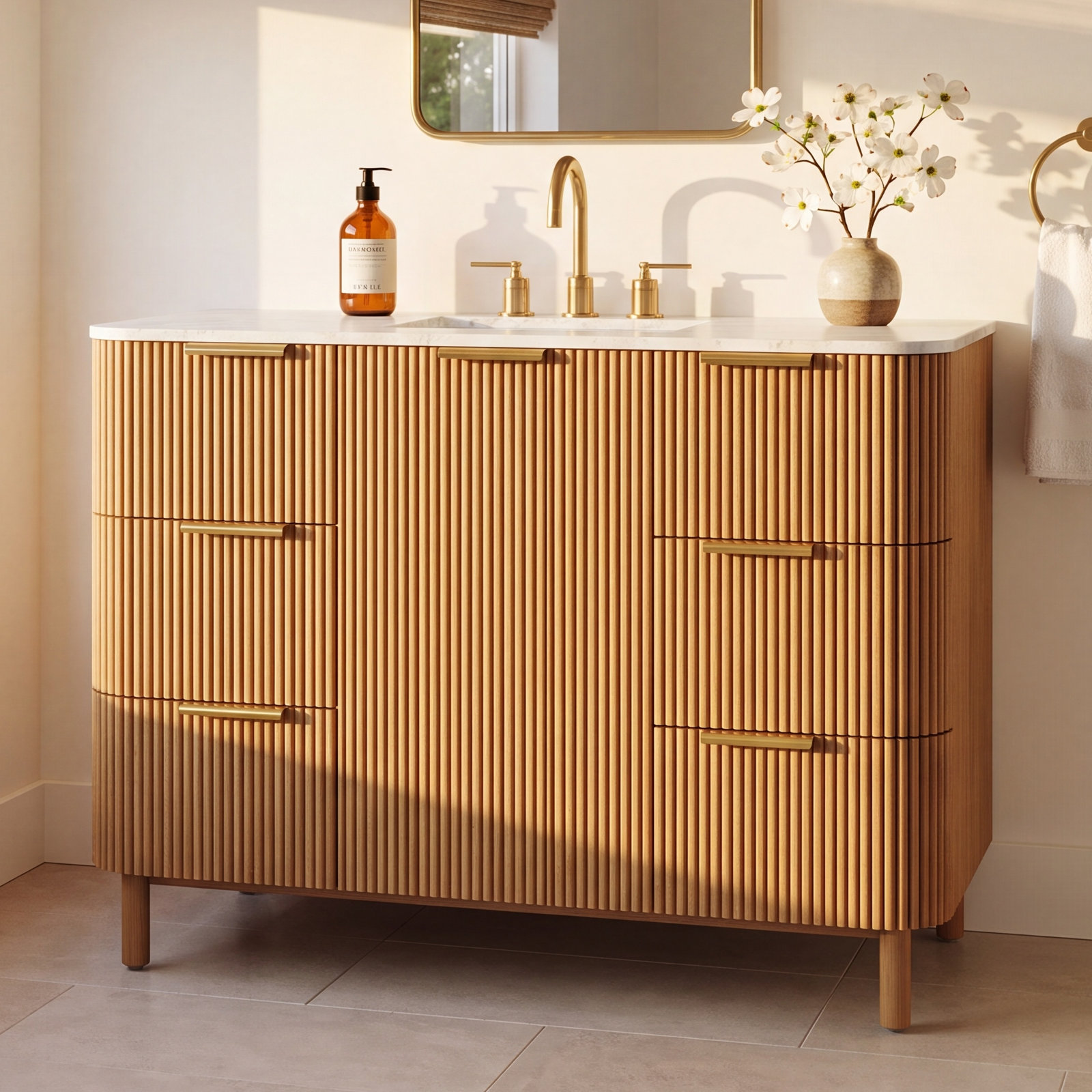 Nova 55" Carrara Marble Single Bathroom Vanity, Reeded Birch