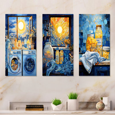 Ensemble de 3 décorations murales en métal bleu et jaune Laundry Day