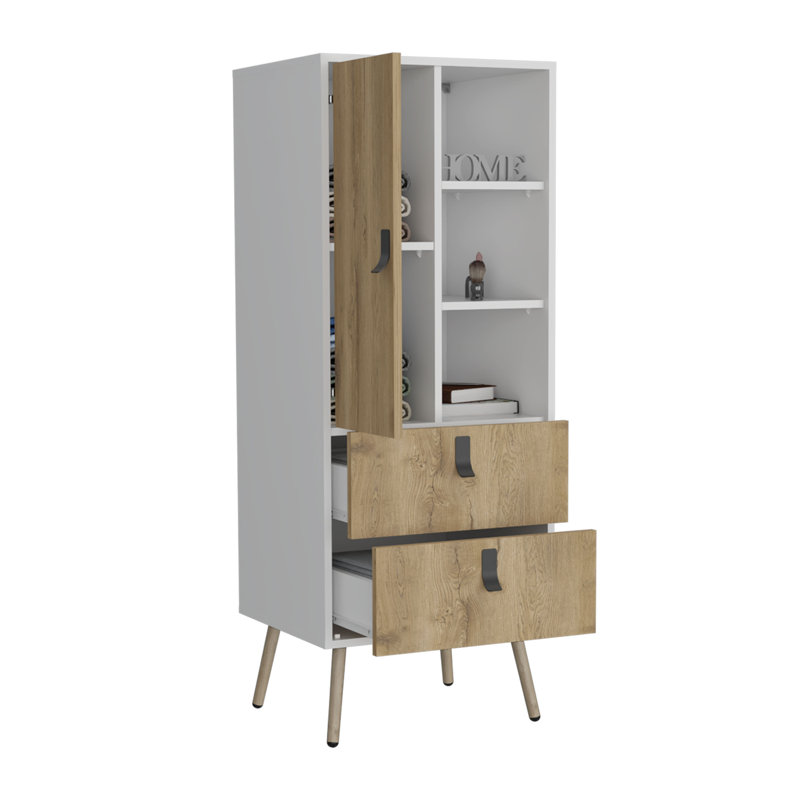 Commode haute avec porte, 2 tiroirs et tablettes ouvertes | Idée de cadeau