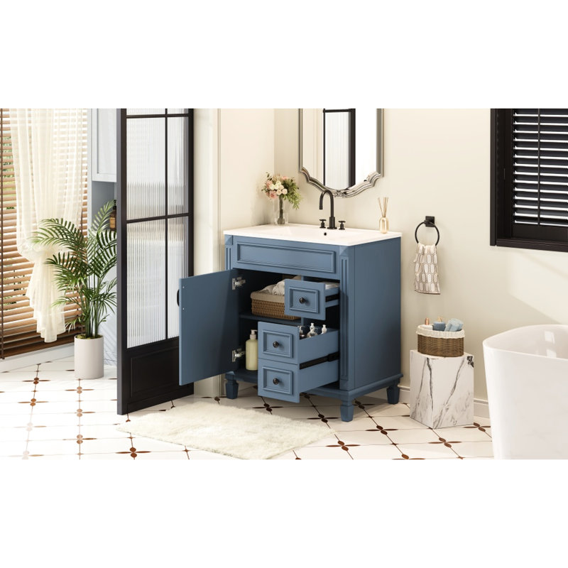 Meuble-lavabo de 30 po avec lavabo en céramique, 2 tiroirs et tablette réglable offrant un design peu encombrant pour les petits espaces