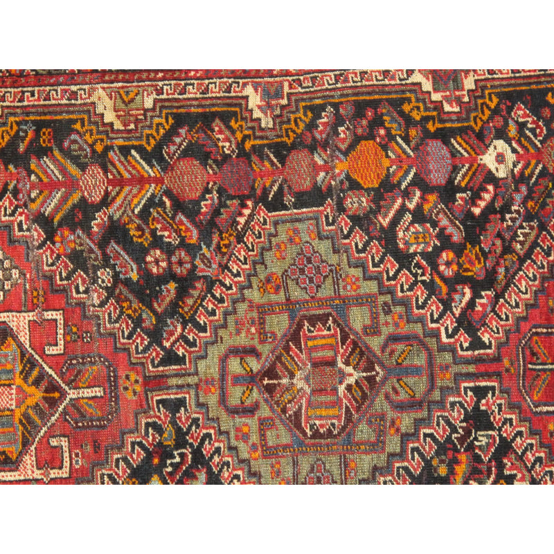 Tapis rouge / ivoire / noir en laine noué à la main Vintage