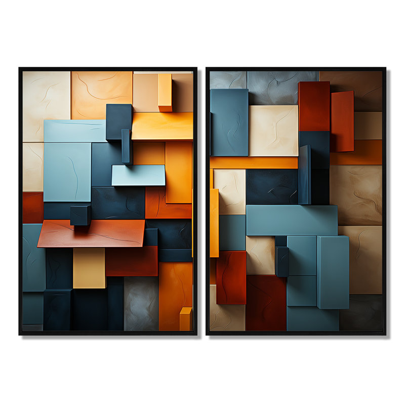 Cubist Harmony Tones Collage - Décoration murale cubisme abstrait, H 36 po x l 48 po, Impression encadrée flottante, Noir