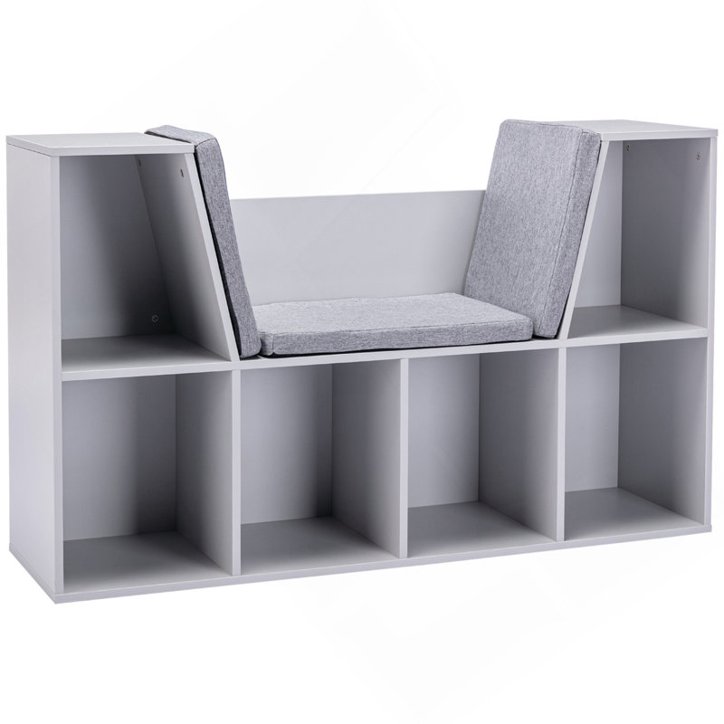 Bibliothèque à 6 compartiments avec coin lecture et coussin, rangement polyvalent pour chambre à coucher, salon, gris, Gris