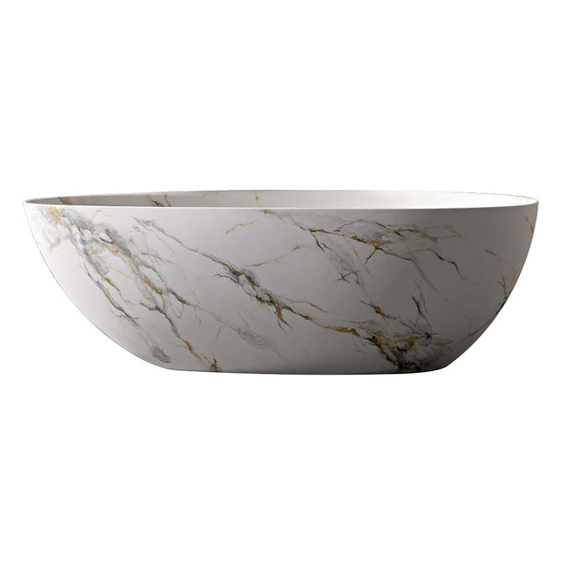 Baignoire autoportante blanche matte de 67 po Rainlex avec veines noires et dorées et support de cou ergonomique