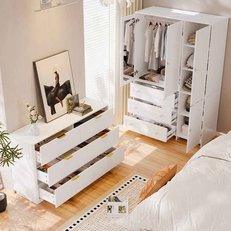 Ensemble de chambre à coucher 2 pièces: armoire avec miroir et commode cannelée à 6 tiroirs