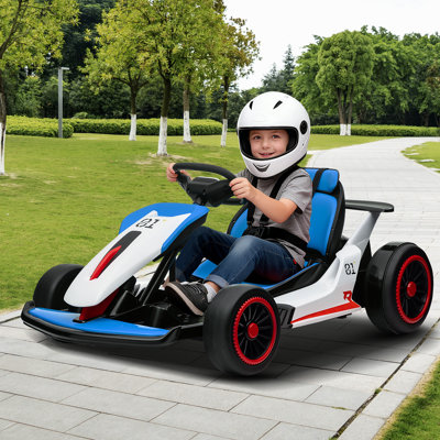 24V Drift Kart for Kids 8.1 MPH, Electric Go Kart with 2X150W Strong Motor, 7AH Big Battery, Electric Pedals, Outdoor Race Toy with Music & 2 Speeds for Boys & Girls Ages 6+, Blue and White
