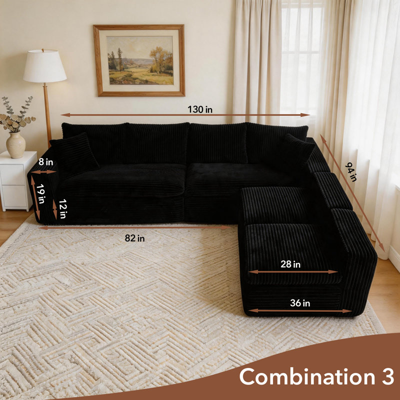 Canapé modulaire en forme de U de 131 po avec méridienne sans assemblage Nimbus pour salon, Noir