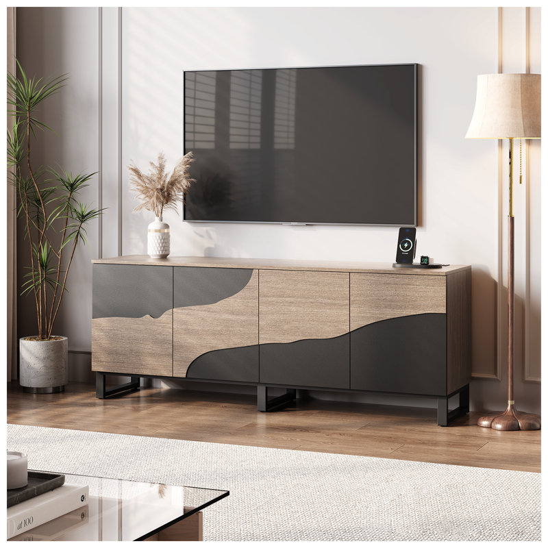 70" TV Stand with Power Outlet, Black Large TV Stands for 75 Inch TV, Entertainment Center with Storage and Adjustable Shelf