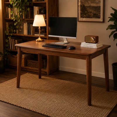 Solid Rubberwood Writing Desk, Mid-Century Modern Computer Desk, Compact Walnut Wood Study Table for Bedroom & Small Spaces