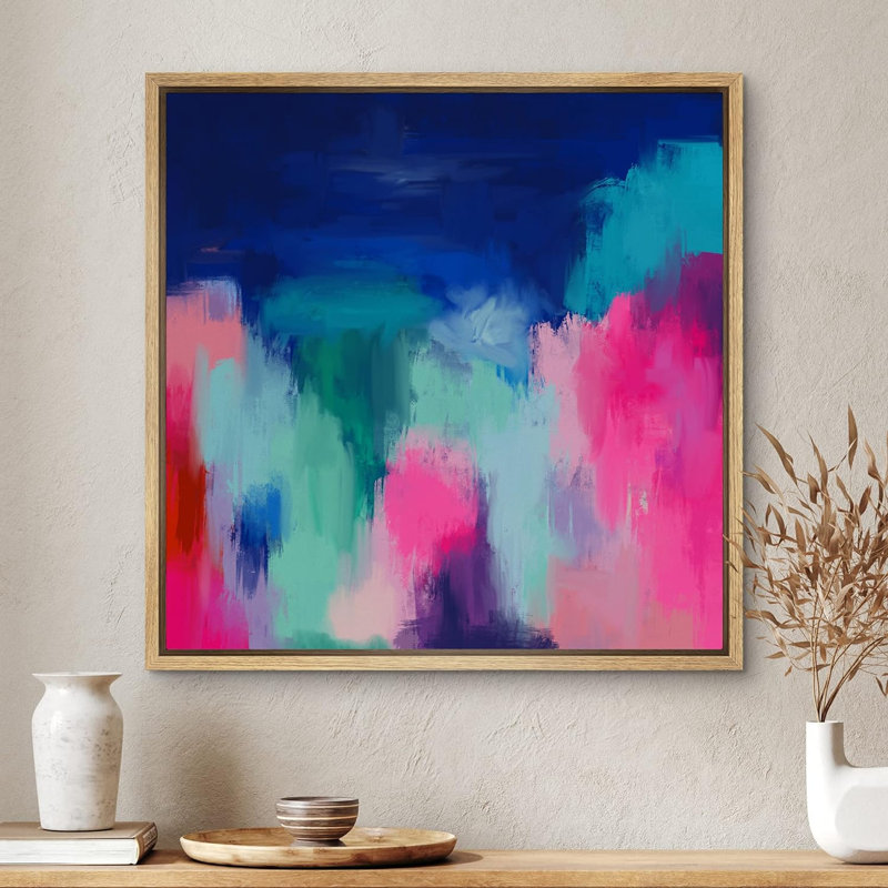 Pastel bleu et rose, aquarelle, collage, formes abstraites, art moderne rustique, néon coloré encadré sur toile, Naturel