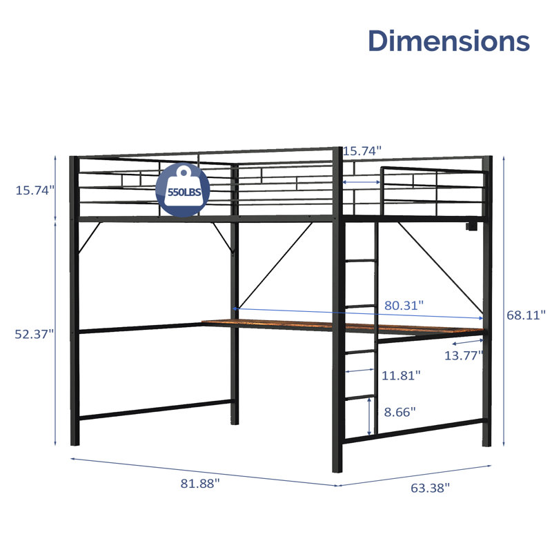 Queen Size Heavy Duty Metal Loft Bed With Desk And Led Lights, Charging Stations For Teens Adults,Space Saving,Black, Queen
