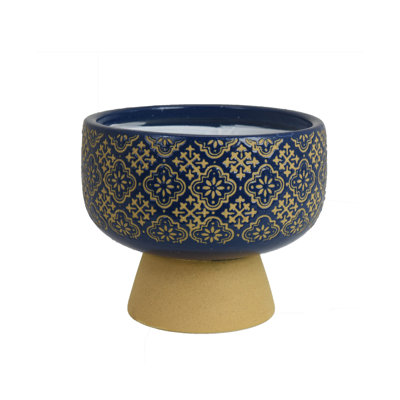 Hea Decorative Planter, Blue Gold Moroccan Pattern Footed Bowl, 9 Inch