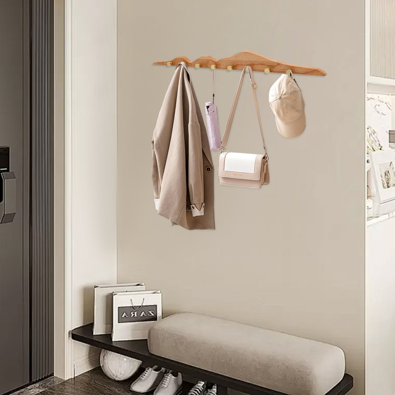 31.5" Mountain-Shaped Walnut Wall Coat Rack with 8 Brass Hooks, Modern Entryway Organizer, Natural