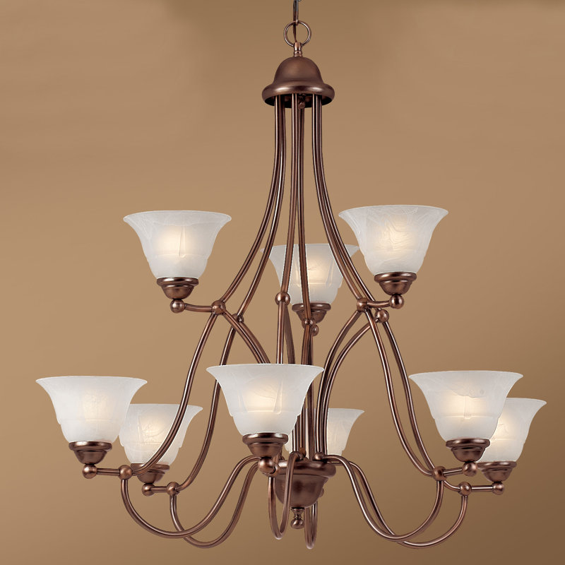 Lustre à niveaux ombrés 9 lumières Comstock, Cuivre antique, Albâtre blanc