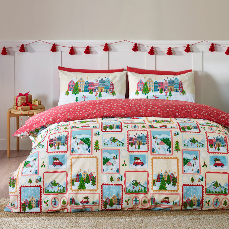 Christmas Town Stamps Reversible Duvet Cover Set, Double