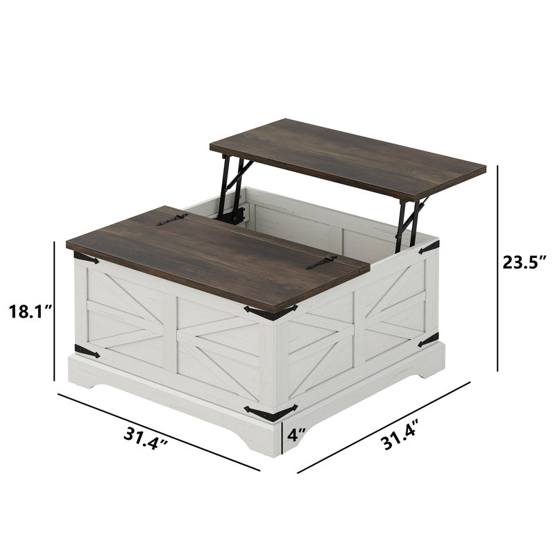 Jareal Coffee Table,Farmhouse Lift Top Coffee Table,Square Coffee Table with Storage for Living Room, White, Rustic Brown