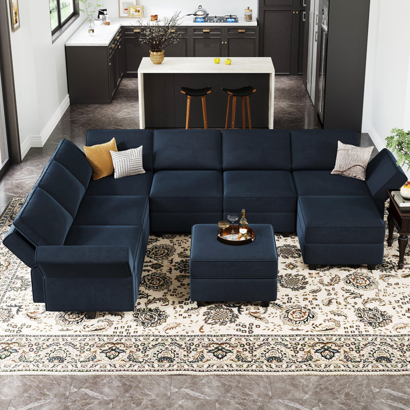 Ridoy 9-Piece Velvet Convertible Modular Sofa Sectional Livingroom Sofa Set, 8 Storage Ottomans with 7 Backrest, Blue Velvet