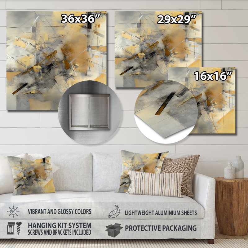 Jaune et gris au-delà de la toile II - peinture abstraite, art mural en métal, H 36 po x l 36 po x P 1 po