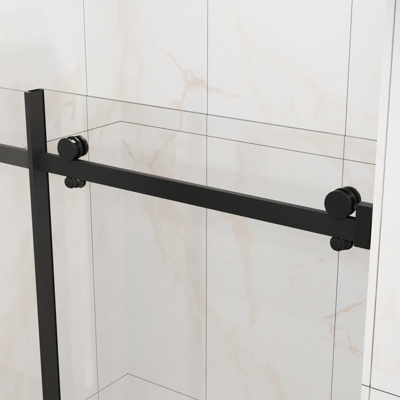 Porte coulissante en verre de l 60 po x H 58 po, verre trempé transparent de 1/4 po (6 mm) d'épaisseur, rouleaux corrosifs, fonctionnement silencieux, douche de baignoire moderne noir mat de 6 mm avec revêtement facile à nettoyer, largeur réglable