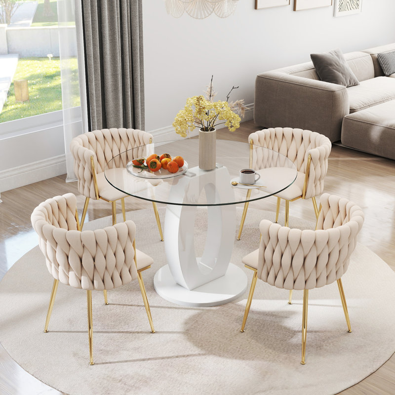 Modern Round Dining Set, Tempered Glass Dining Table with Weavon Velvet Chair for Dining Room and Small Space, Beige/Gold
