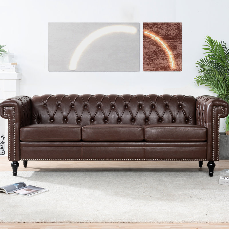 Fauteuil carré 85,12 po pour 3 places, cuir d'unité centrale brun foncé, coussins amovibles, largeur chic et pratique de 85,12 po, style exquis