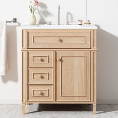 Meuble-lavabo de 30 po avec lavabo - Structure en bois massif, tiroir rabattable, 2 tiroirs à fermeture en douceur et 1 porte à fermeture en douceur, poignées en bois élégantes - Armoire de rangement moderne pour les petites, moyennes salles de bain, les salles d'eau ou les salles de bain d'invités
