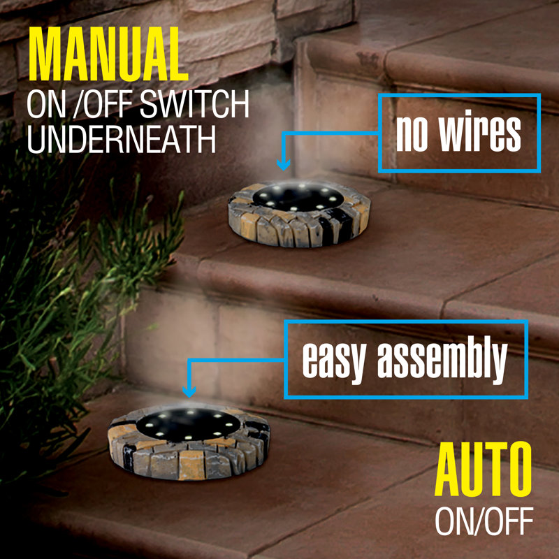 Stone Dark Gray Solar Powered LED Pathway Disk Lights, Set of 4