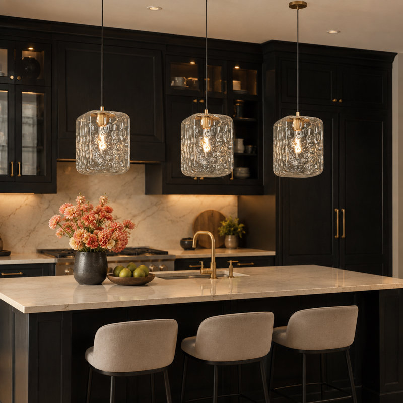 1-Light Single Square Kitchen Island Pendant with Hammered Glass(1-Set)