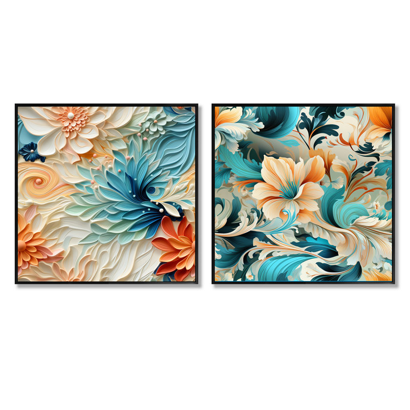 Bagneux - Ensemble de 2 collages floraux et botaniques carrés, Cadre flottant noir, H 16 po x l 33 po