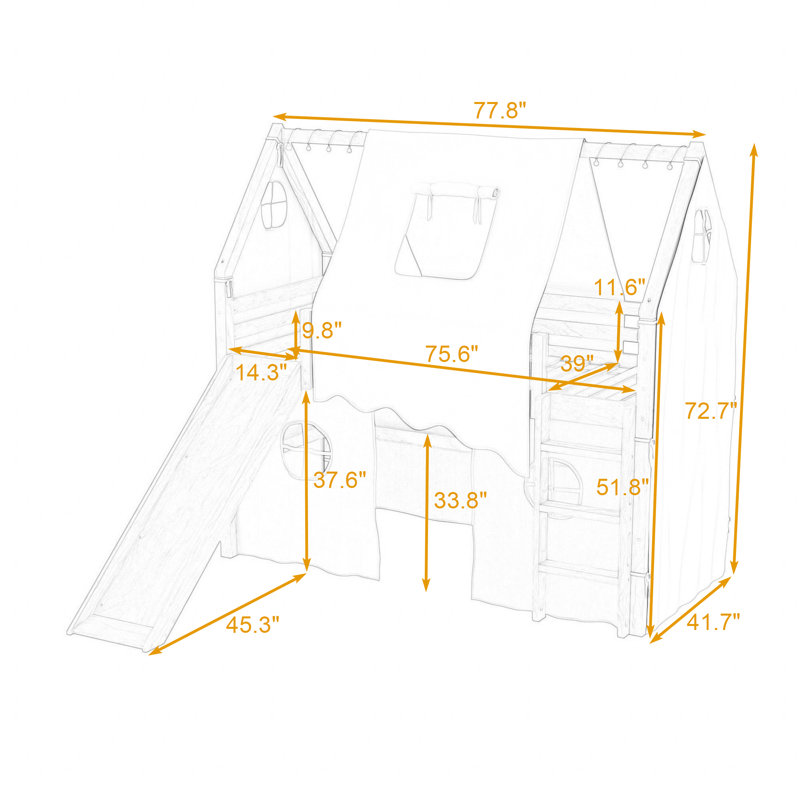 Lit mezzanine de style maison avec glissade intégrée, tente, échelle, lumières et garde-corps, Lit simple