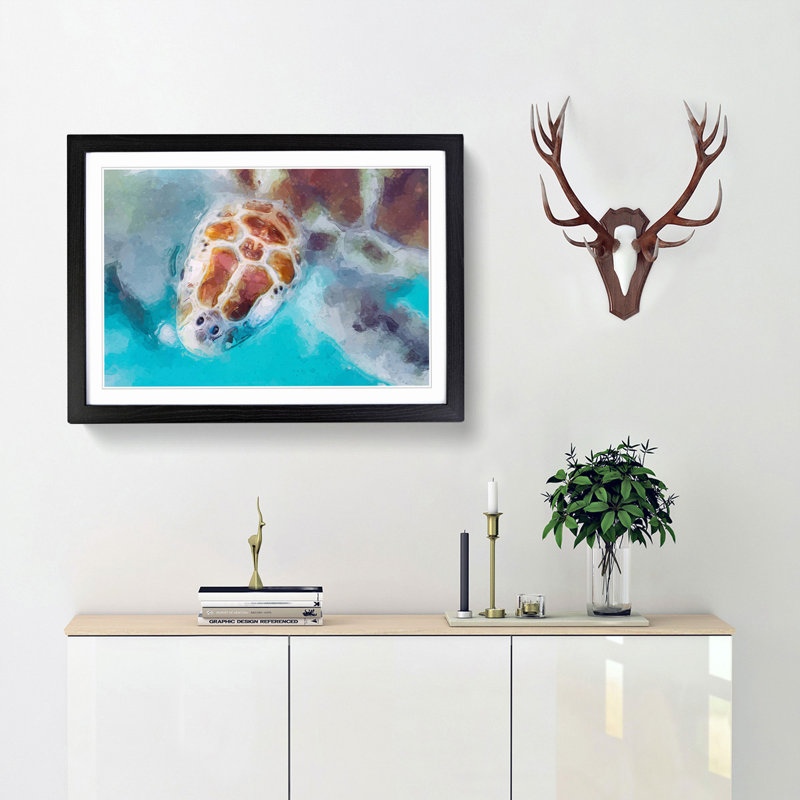 Green Sea Turtle in Abstract - Picture Frame Graphic Art Print, 62cm H x 87cm W x 2cm D, Black Framed