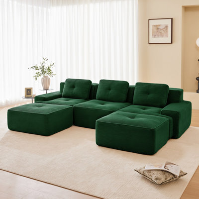 117" Modern U-Shaped Modular Sectional Sofa For Living Room, Corduroy Fabric, 3-Seater Couch With Deep Seat And Movable Ottoman,Pearl-Like Piping, Tufted Design,No Assembly, Anti-Slip Design​