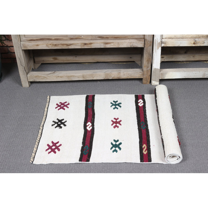 Handwoven Small Turkish Anatolian Rug in White With Vintage Patterns Ideal for Entryways