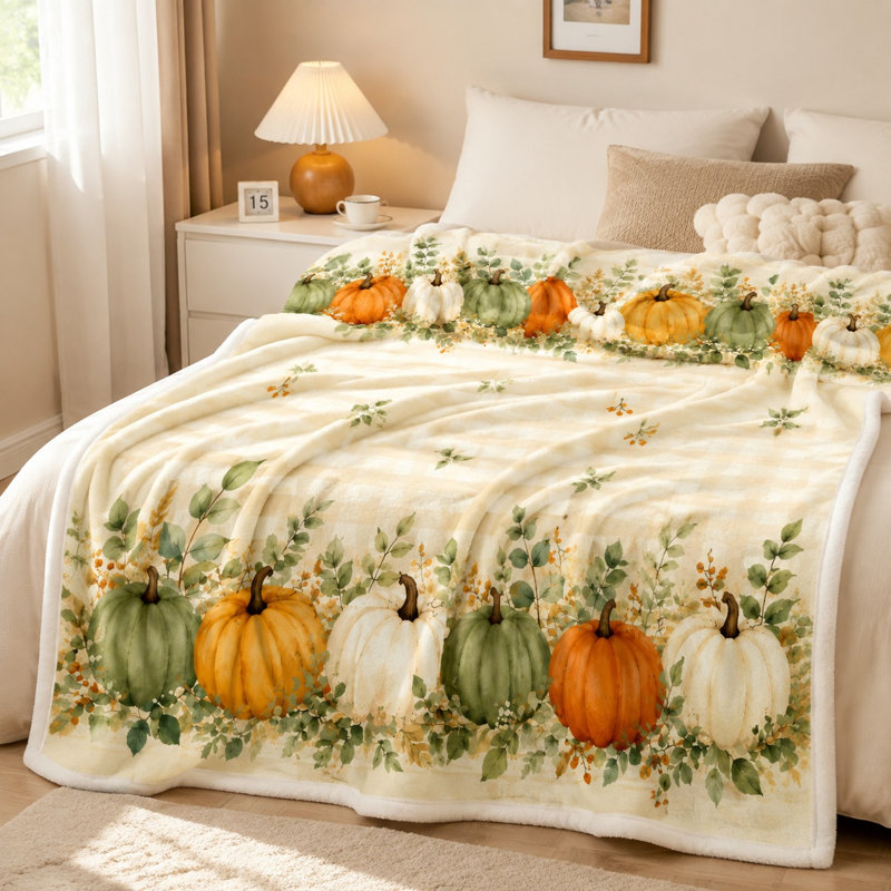 Couverture polaire à carreaux à motif de citrouilles, jeté décoratif douillet pour canapé, chambre, salon, décoration intérieure