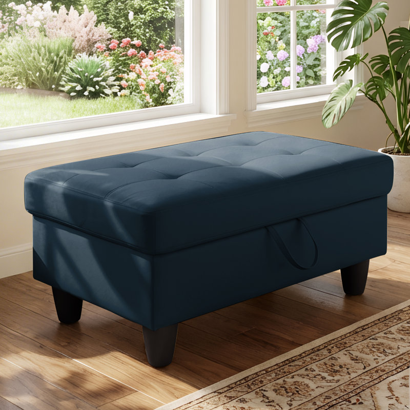 Rectangular Storage Ottoman Bench With Hinged Lid, Faux Leather Footrest For Living Room, Bedroom, Entryway, Dark Blue, 35"X23.5"X17.5"