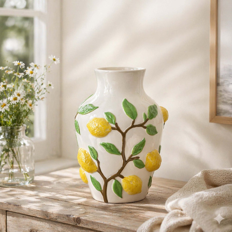 Vase en céramique 3D embossé branche de citron brillant, vase à fleurs botanique Bulbous