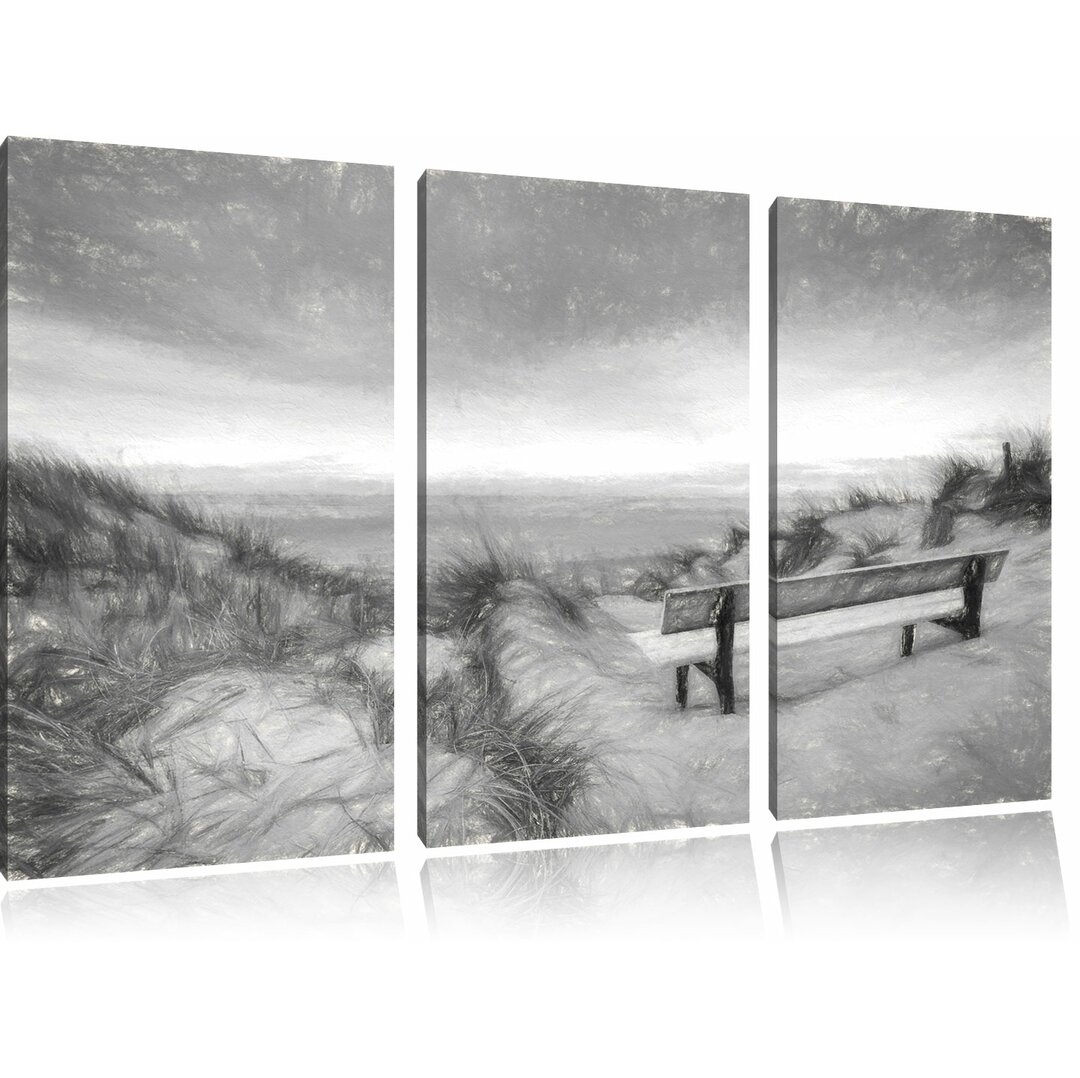 3-tlg. Leinwandbild-Set „Bank in den Dünen mit Blick auf das Meer“, Kunstdruck