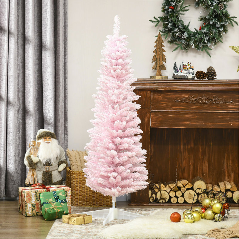Arbre de Noël artificiel enneigé 5 pi, arbre de Noël mince avec branches réalistes et base en plastique pour décoration d'intérieur, rose