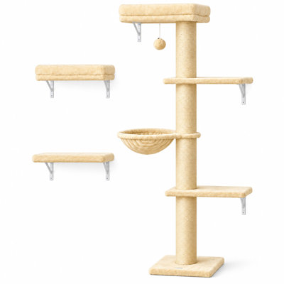 Wall Mounted Cat Tree, Cat Wall Shelves with Sisal Scratching Post, All-in-One Cat Climbing Furniture with Cat Beds, Hammock & Teasing Ball, Space Saving for Apartment Indoor Cats