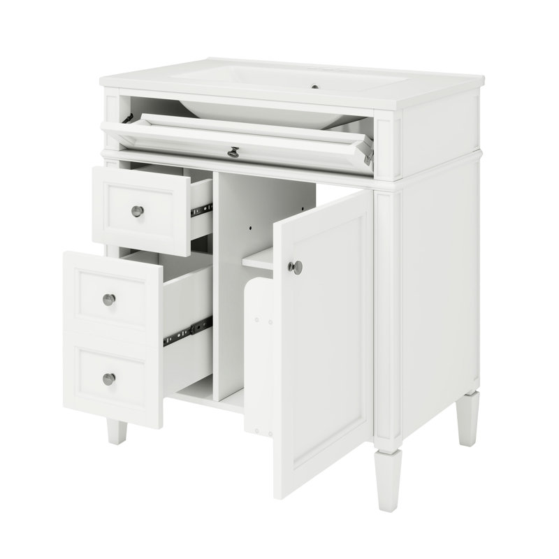 Meuble-lavabo de salle de bain 30 po, armoire contemporaine avec 2 tiroirs et tablettes de rangement cachées, accessoire tiroir fonctionnel, mobilier moderne