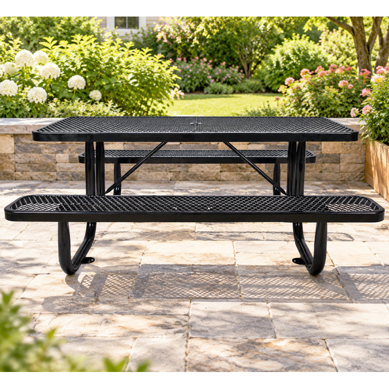 Table de pique-nique rectangulaire en acier de 6 pieds avec trou pour parasol, noir