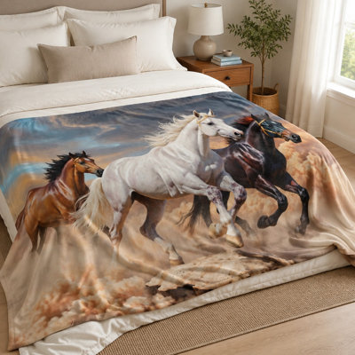 Plaid en flanelle à motif de chevaux au galop, imprimé de chevaux sauvages dynamiques dans un paysage désertique, ultra doux, léger, respirant, toutes saisons, agréable pour la peau, lavable à la machine, décoratif, pour canapé, fauteuil, salon et chambre