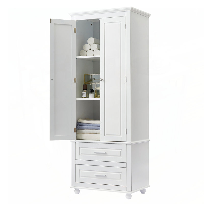 Grande armoire de rangement avec deux tiroirs pour la salle de bain, imperméable et durable avec tablettes réglables, Blanc