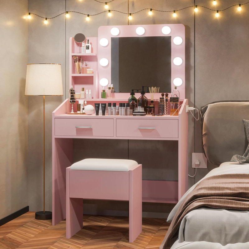 Bureau de coiffeuse moderne avec grand miroir, lumières DEL à intensité variable, prise de courant et 7 tiroirs, Rose
