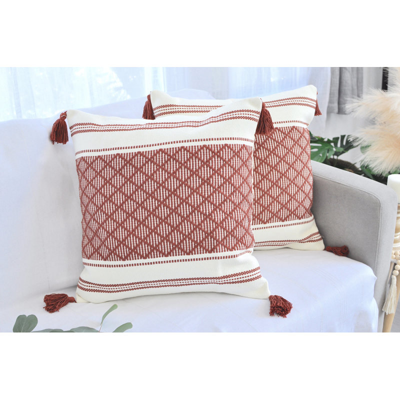 Woven Pillow Covers With Tassels, Geometric Pattern Pillowcases For Outdoor / Indoor (Set of 2), Rust Brown, 16" x 16"